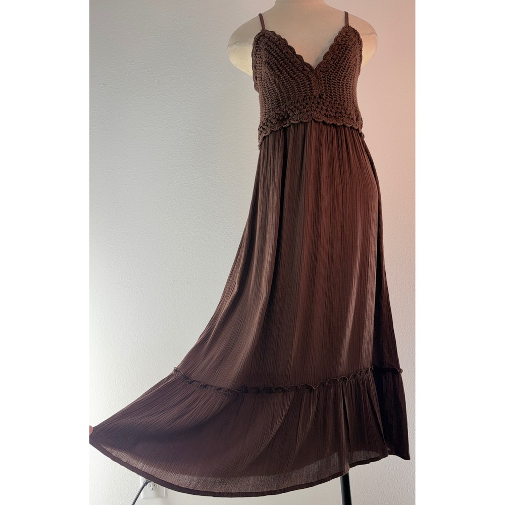 Y2K Hint of Blush Brown Crochet Midi Dress Boho Cottagecore Festival Medium
